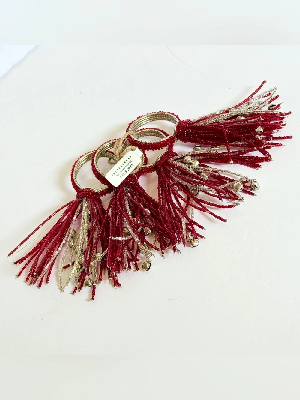NWT Pottery Barn Red & Silver Beaded Jingle Bell Tassel Napkin Rings Set of 4